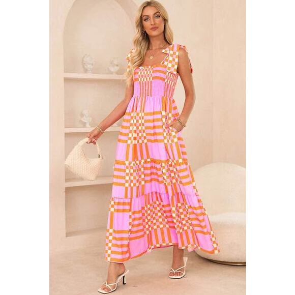 Boutique Women’s Large Pink Orange Gingham Smocked Shoulder Tie Maxi Dress NWT - Picture 1 of 7